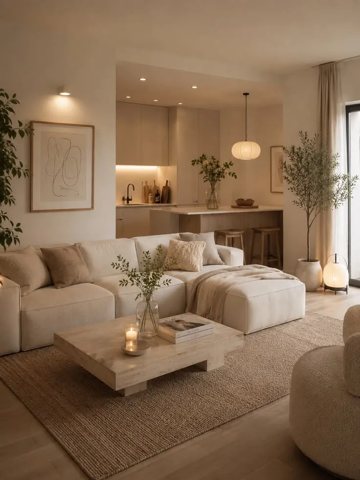 Bright Japandi Living Room with Floor-to-Ceiling Windows
