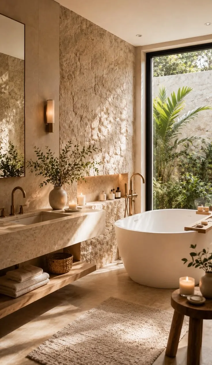 Dark stone walls in small modern luxury bathroom design