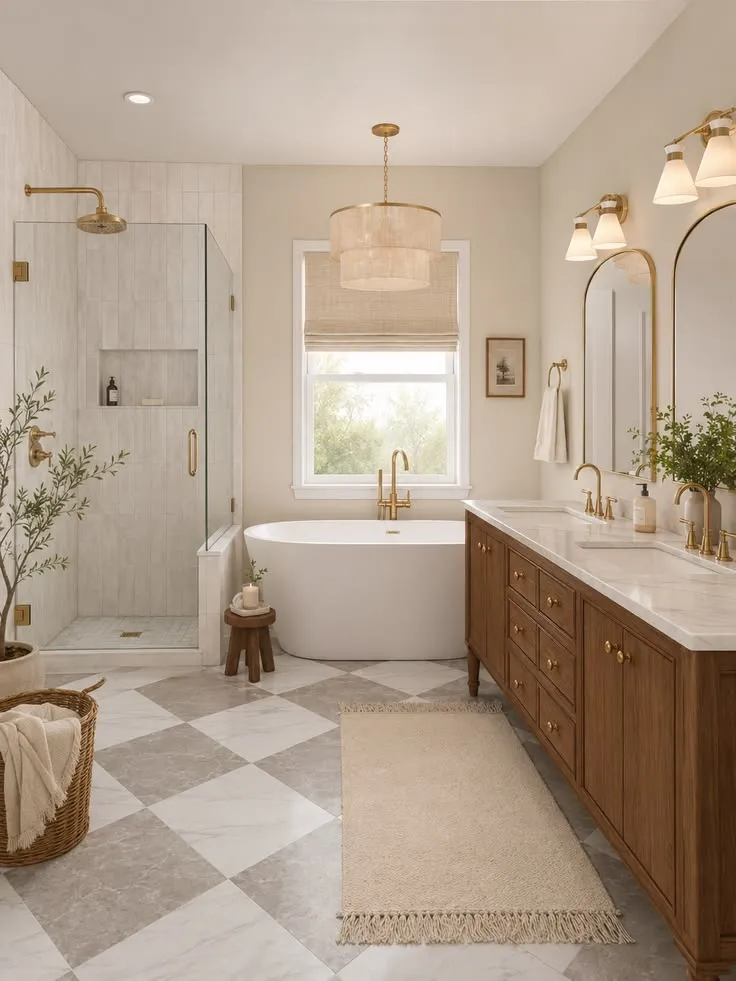 Bookmatched marble slabs in a luxury modern bathroom
