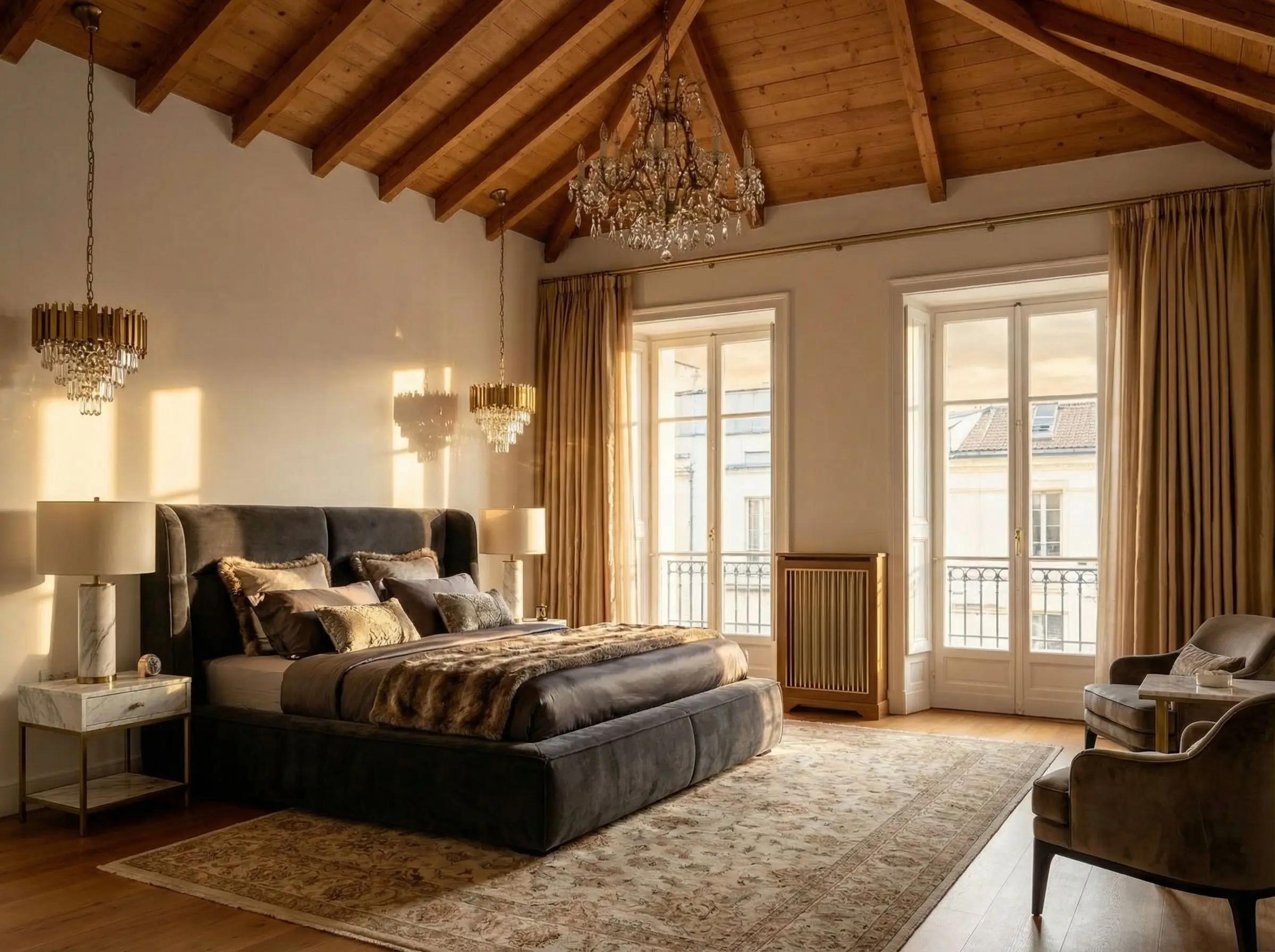 Vaulted bedroom ceiling with wooden beams and chandelier