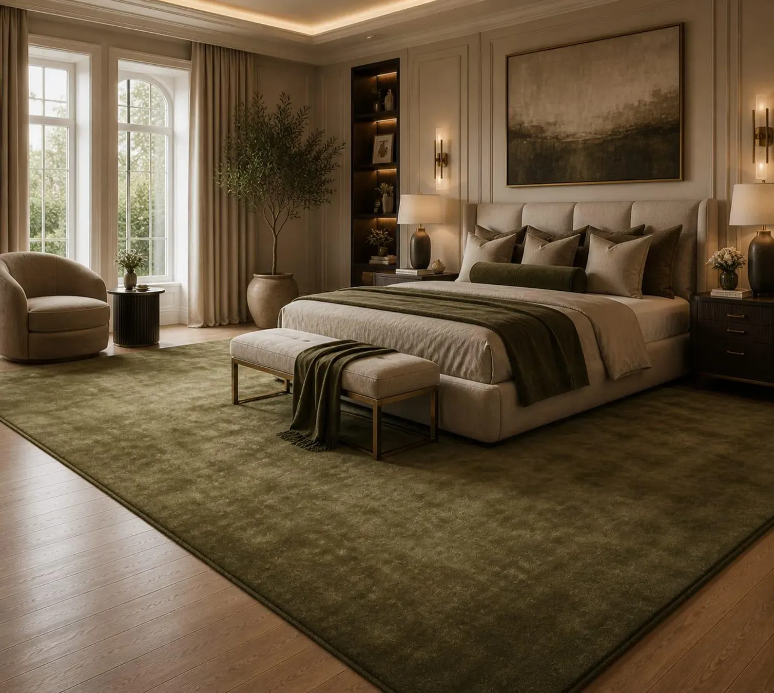 Sophisticated Luxury Bedroom with Olive Green Accents