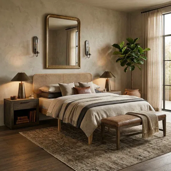 Rustic-Modern Luxury Bedroom with Gold Mirror