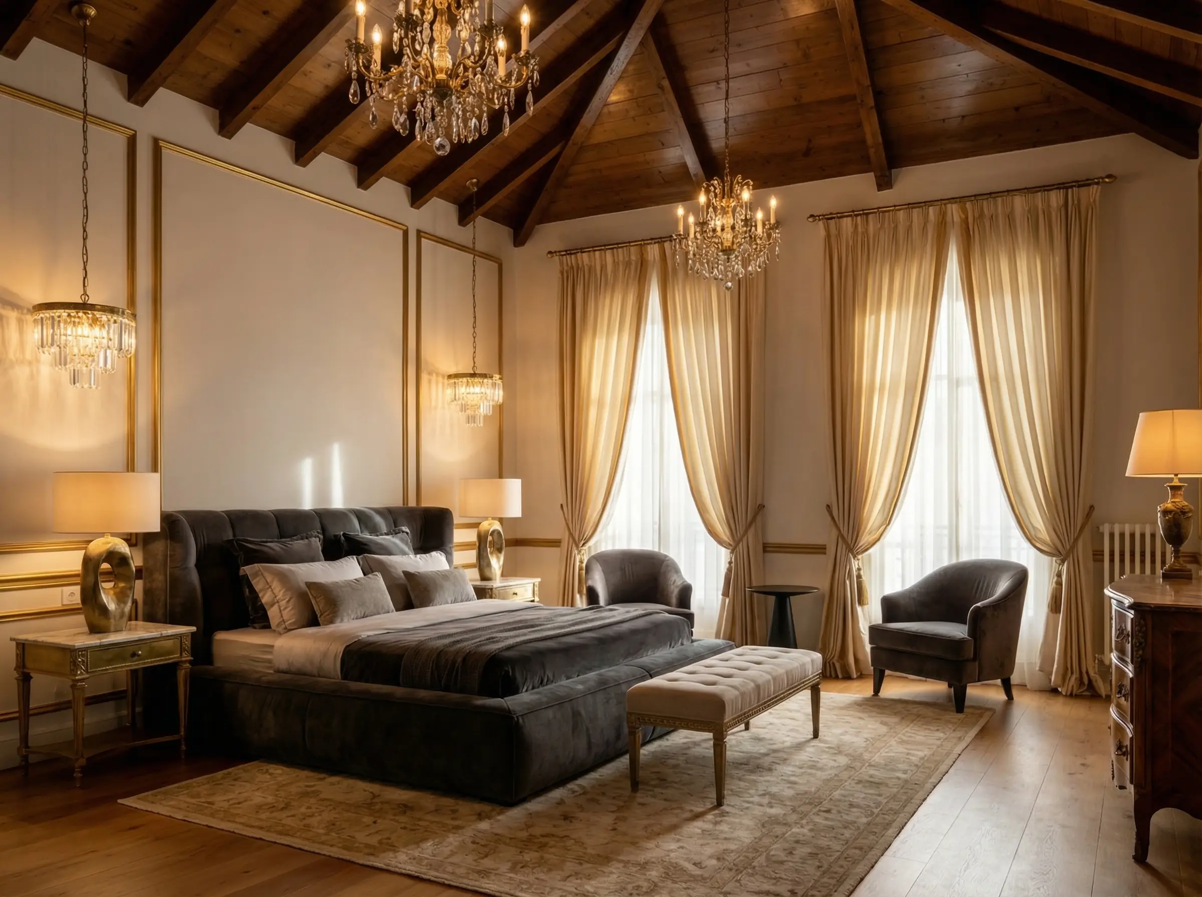 Luxury bedroom with warm golden tones, velvet bed, and dramatic ceiling