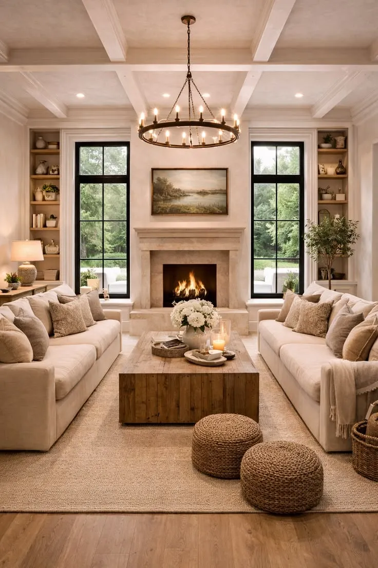 Rustic Luxury Living Room with Stone Fireplace
