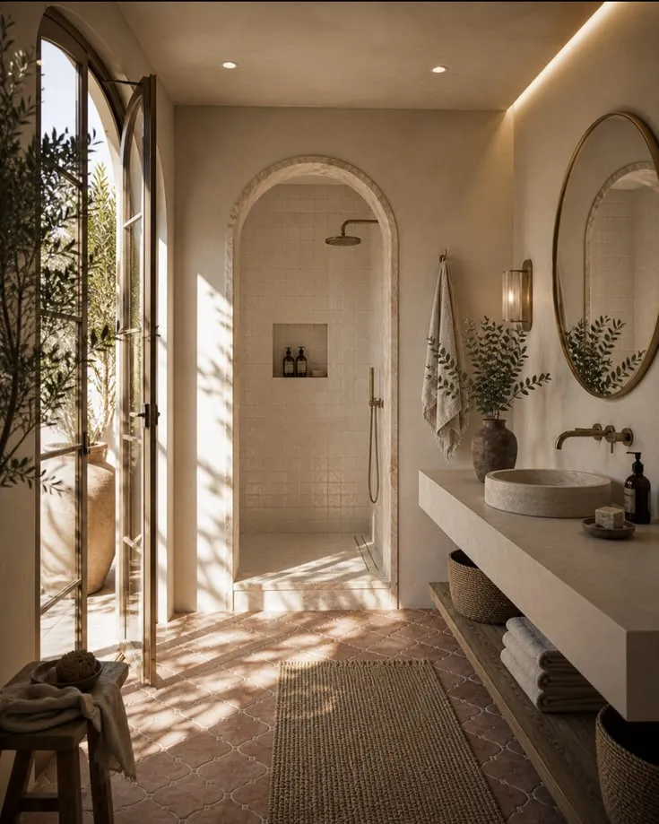 Recessed plaster wall alcoves for small Mediterranean bathroom ideas