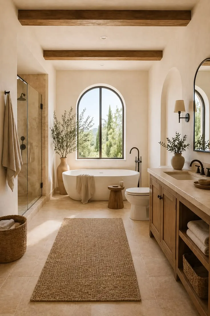 Brushed gold fixtures in a modern mediterranean bathroom