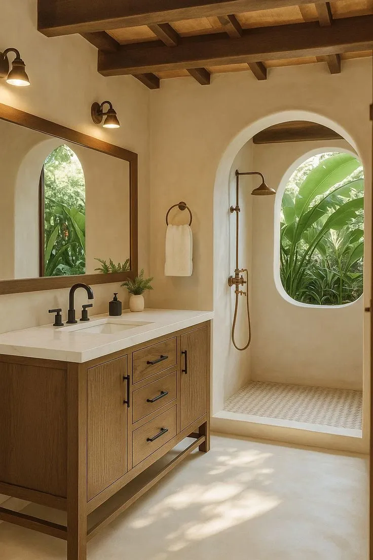Rustic wooden ceiling beams in a mediterranean style bathroom