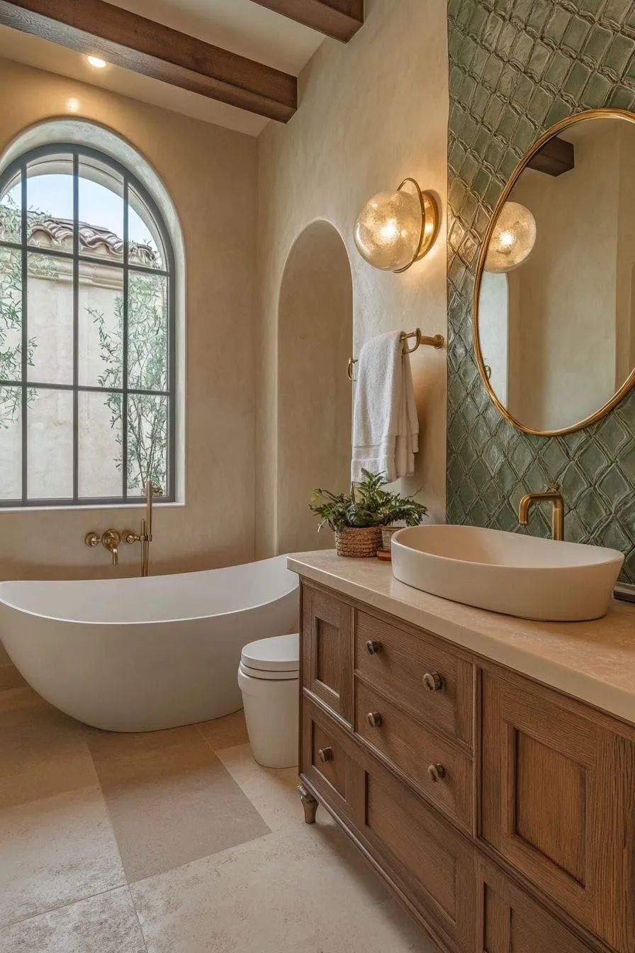 Moorish pattern tiles in mediterranean spanish style bathroom