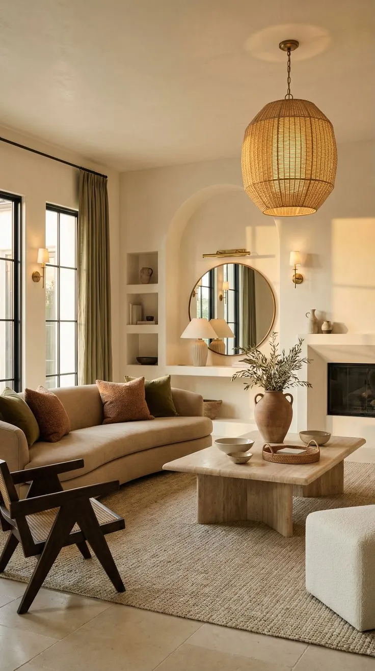 Bright Mediterranean Living Room with Arched Window