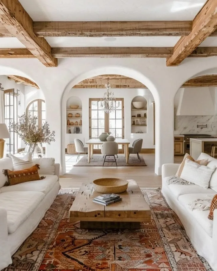 Mediterranean Living Room with Stone Fireplace