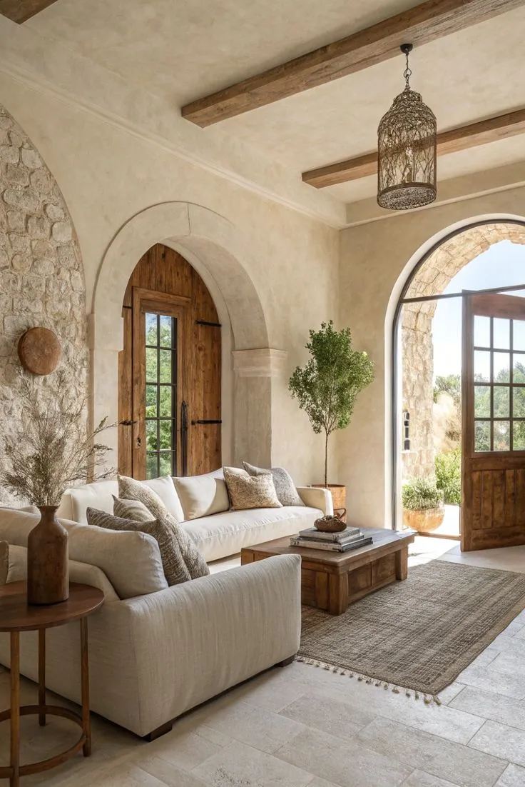 Rustic Mediterranean Living Room with Arched Doorway