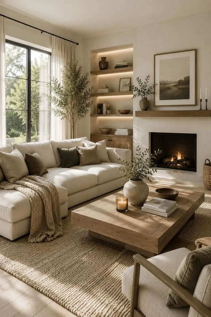 Minimalist Living Room with Fireplace & Built-In Shelves