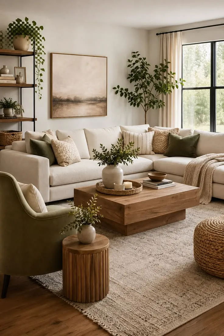 Cozy Earthy Minimalist Living Room with Green Accents