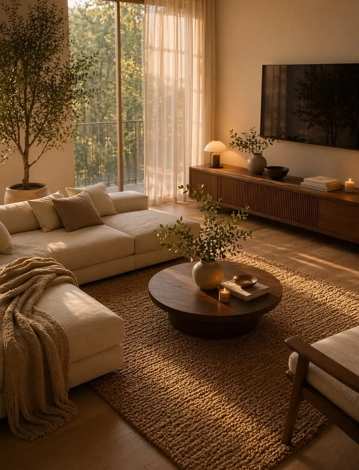 Warm Organic Minimalist Living Room with Jute Rug