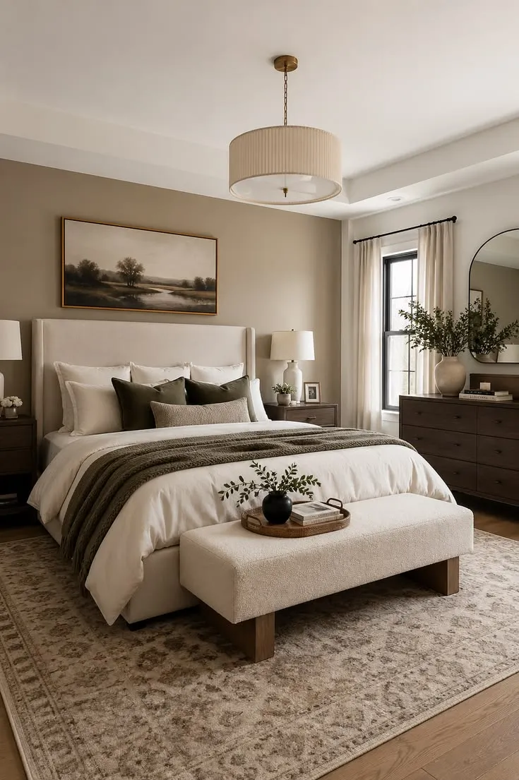 Transitional Modern Bedroom with Landscape Art