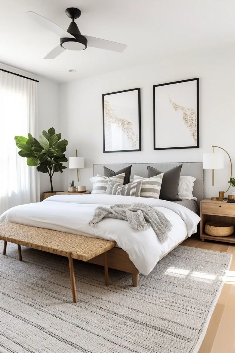 Bright Modern Bedroom with Woven Bench & Fiddle Leaf Fig