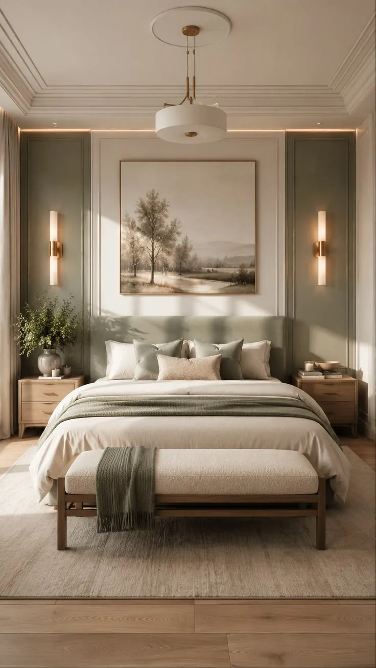 Elegant Modern Bedroom with Sage Green Paneling