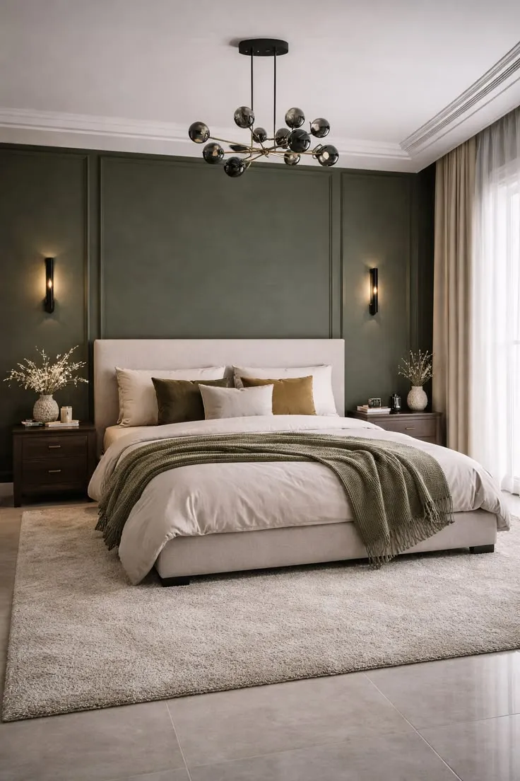 Moody Modern Bedroom with Dark Green Accent Wall
