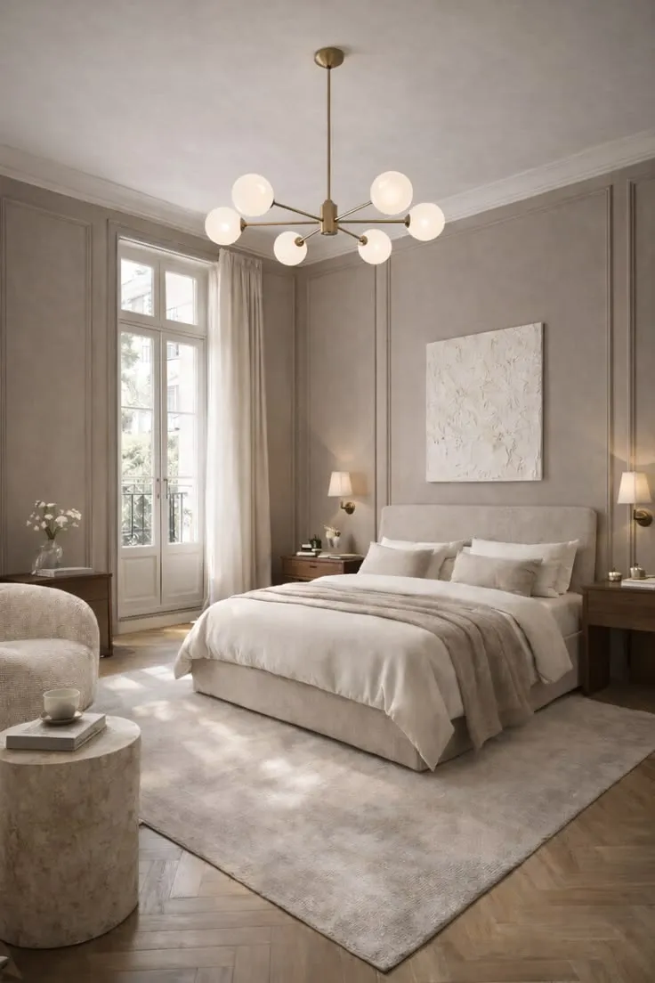 Chic Modern Bedroom with Gold Globe Chandelier