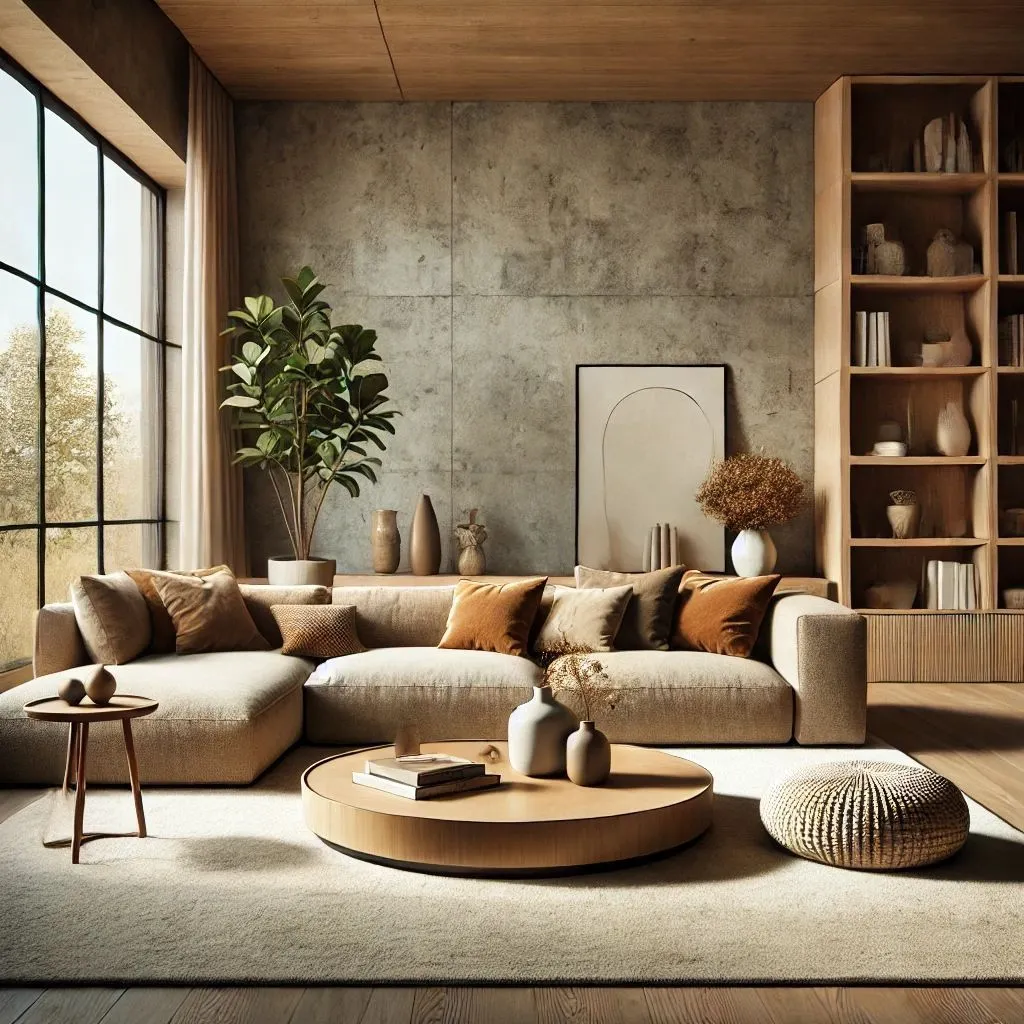 Organic Modern Living Room with Built-In Shelves