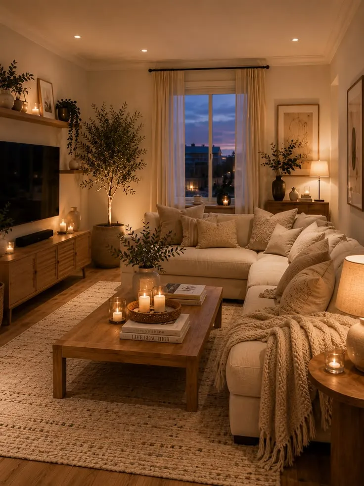 Cozy Modern Living Room with Candlelight