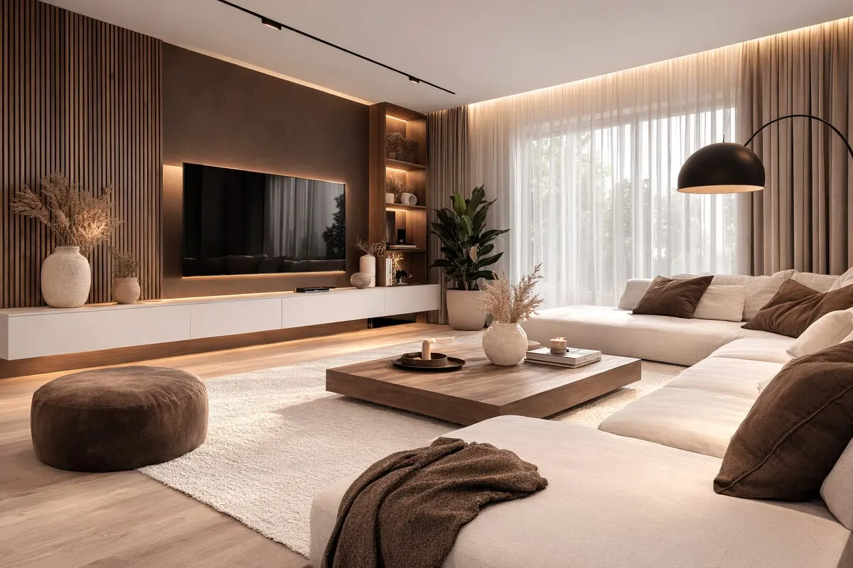 Modern Living Room with Wood Accent TV Wall