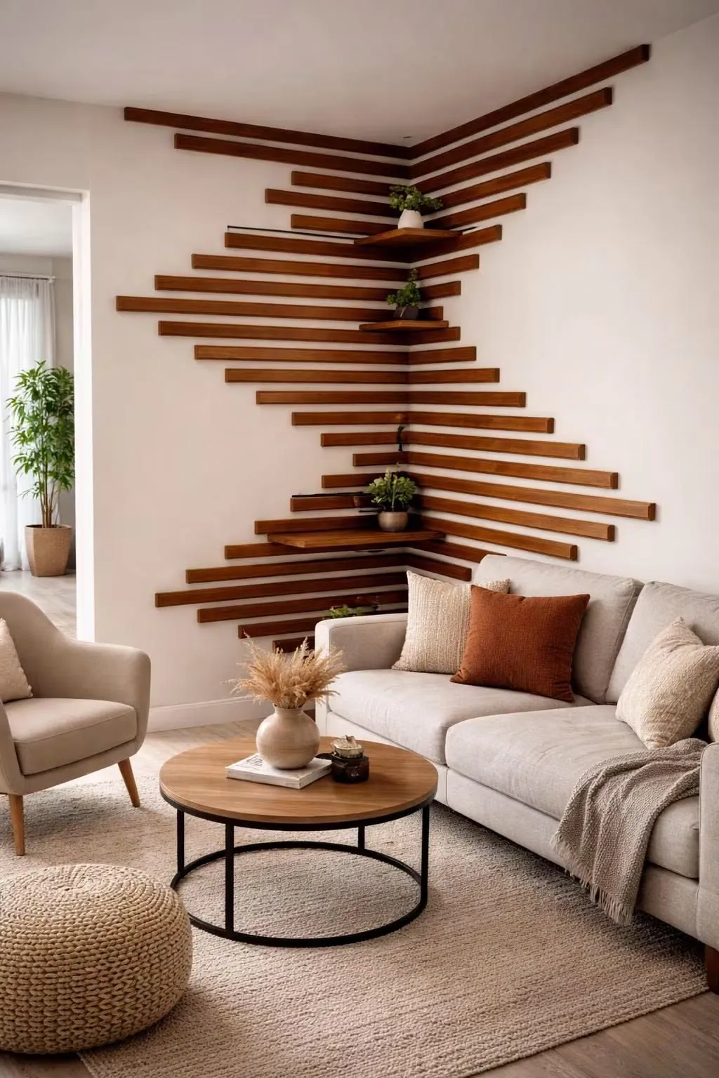 Japandi-Style Modern Living Room with Wood Slats
