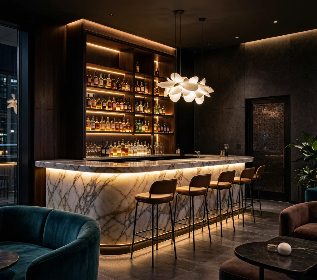 Contemporary restaurant bar and lounge with a sleek marble counter, LED strip lighting, and backlit liquor shelves.