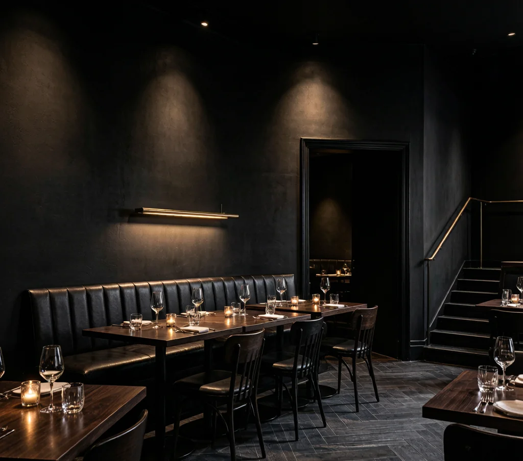 Modern dark moody restaurant interior with charcoal walls, dramatic spotlight lighting, and intimate leather booth seating.
