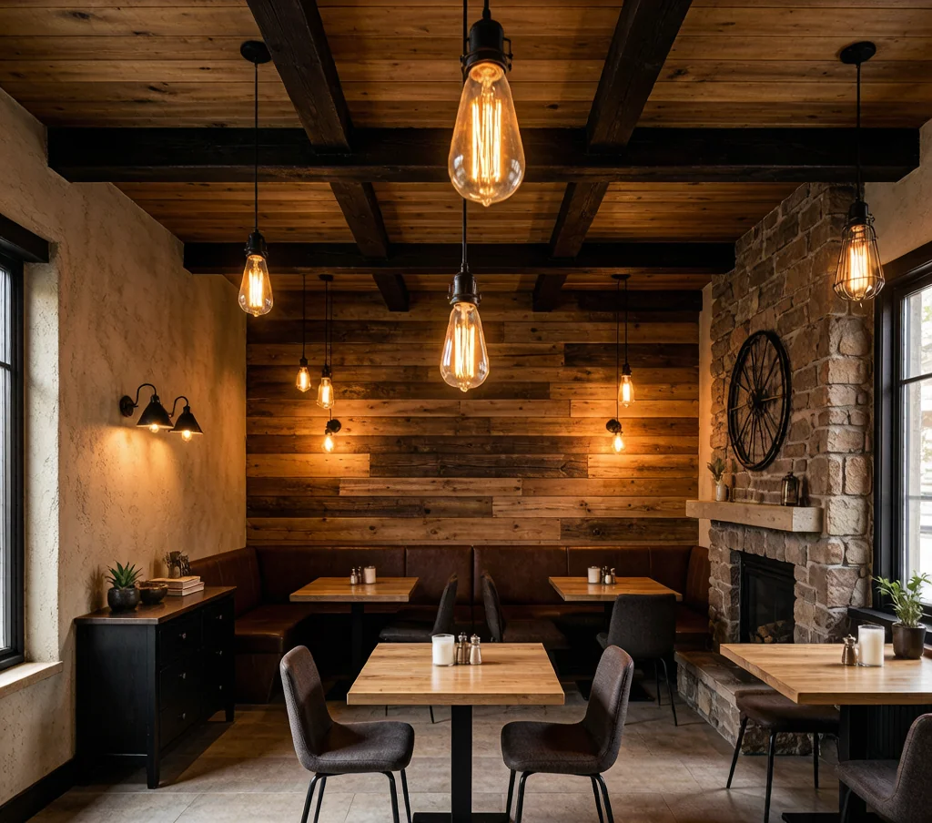 Modern rustic restaurant interior with reclaimed wood walls, exposed timber beams, and warm Edison pendant lights.
