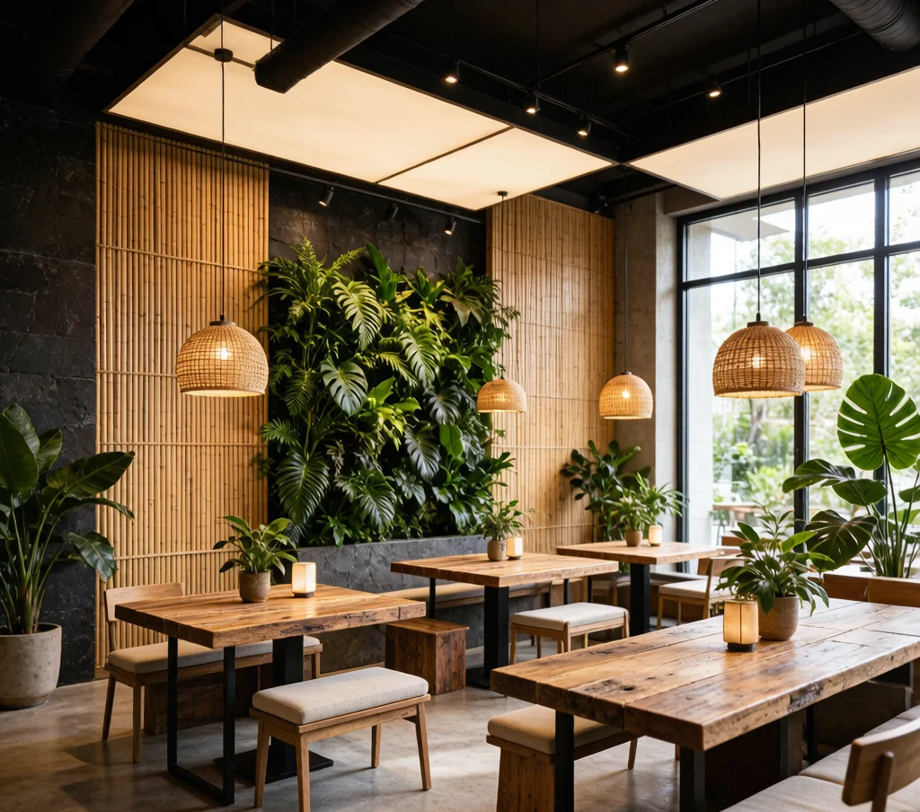 Sustainable eco restaurant interior design with bamboo wall panels, recycled wood furniture, and living plant centerpieces.