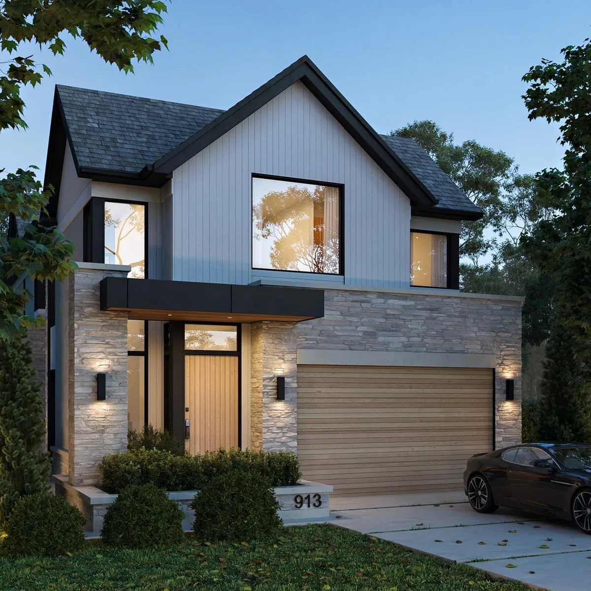 Stone Veneer & Wood Garage