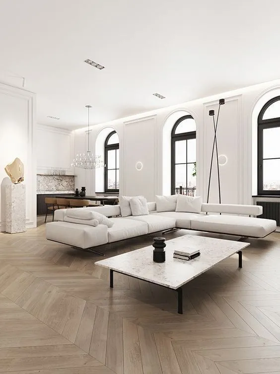 Scandinavian Living Room with Arched Windows