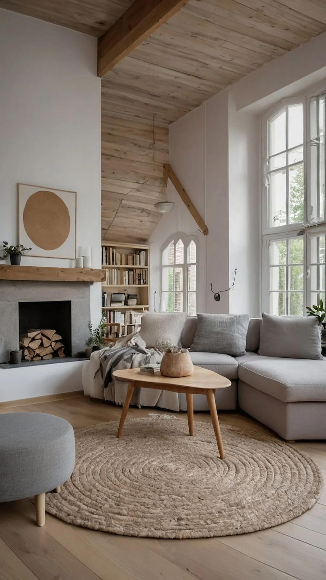 Scandinavian Living Room with Exposed Wooden Beams