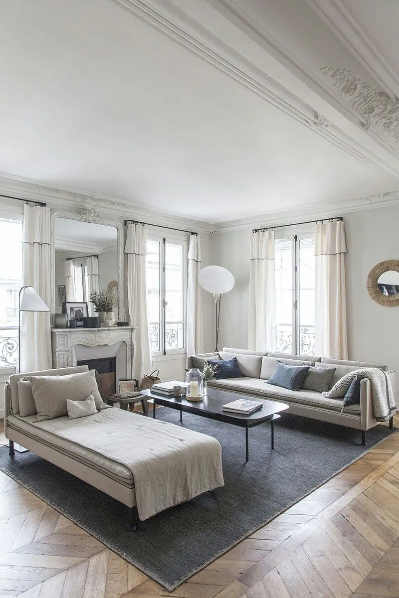 Scandinavian Living Room with Fireplace & Large Mirror