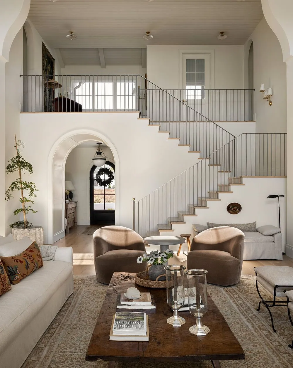Scandinavian Living Room with Grand Staircase