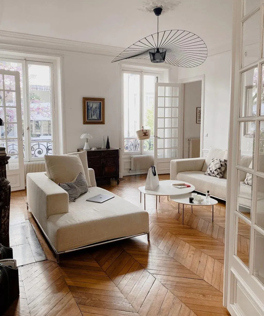 Scandinavian Living Room with Herringbone Floors
