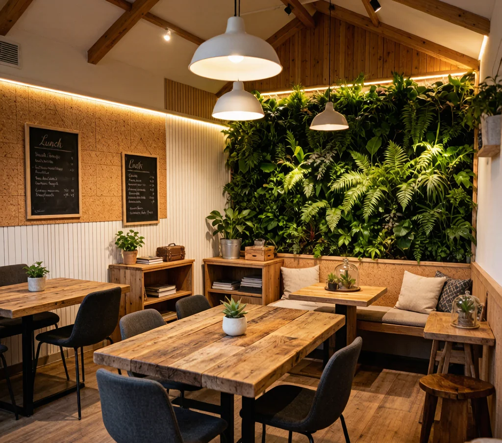 Sustainable eco Nordic restaurant with reclaimed wood tables, a living herb wall, bamboo surfaces, and warm Scandinavian lighting.
