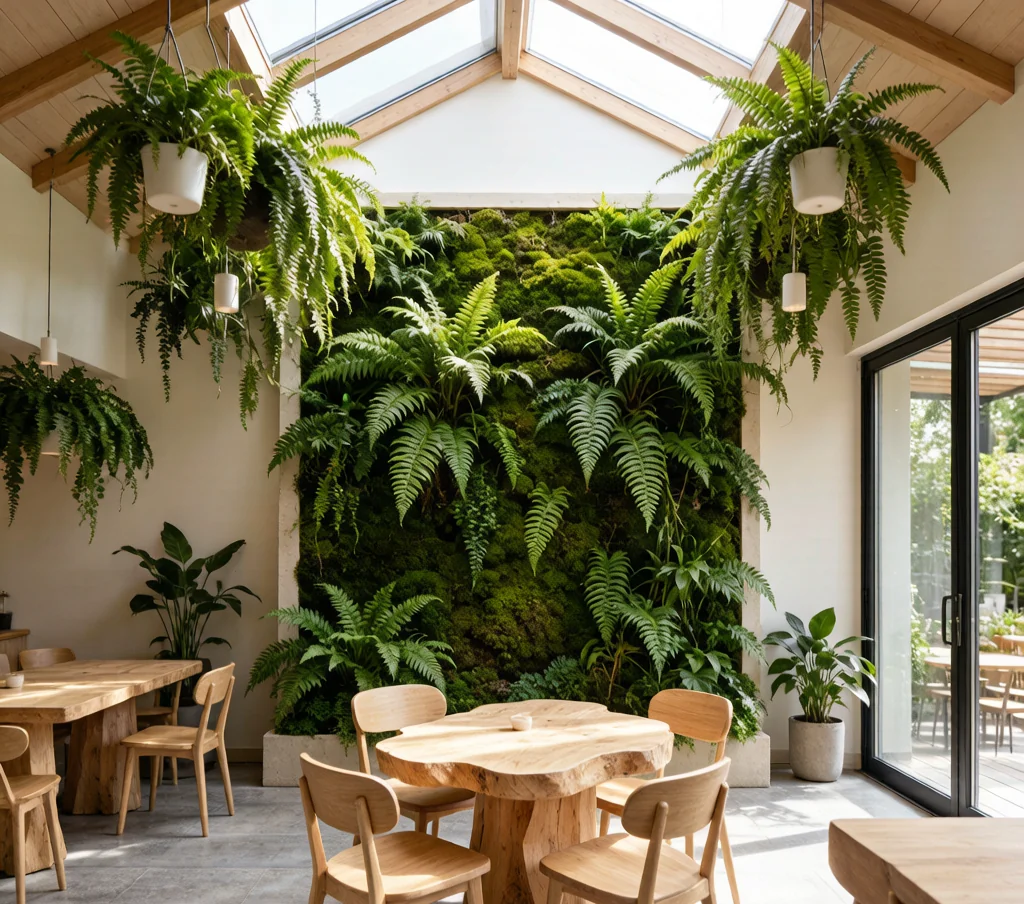 Biophilic Nordic restaurant with a living green wall, hanging plants, and skylight-filled natural light.