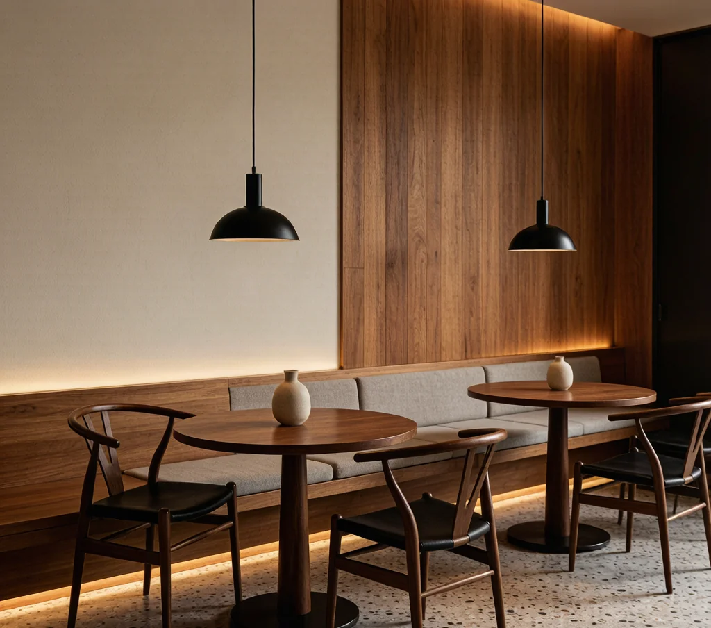 Danish modern restaurant interior with mid-century Nordic furniture, warm teak wood, and iconic pendant lighting.