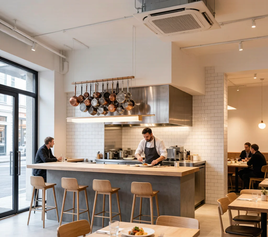 Open kitchen Nordic restaurant with a steel and wood counter, bar seating, and a bright minimalist Scandinavian layout.