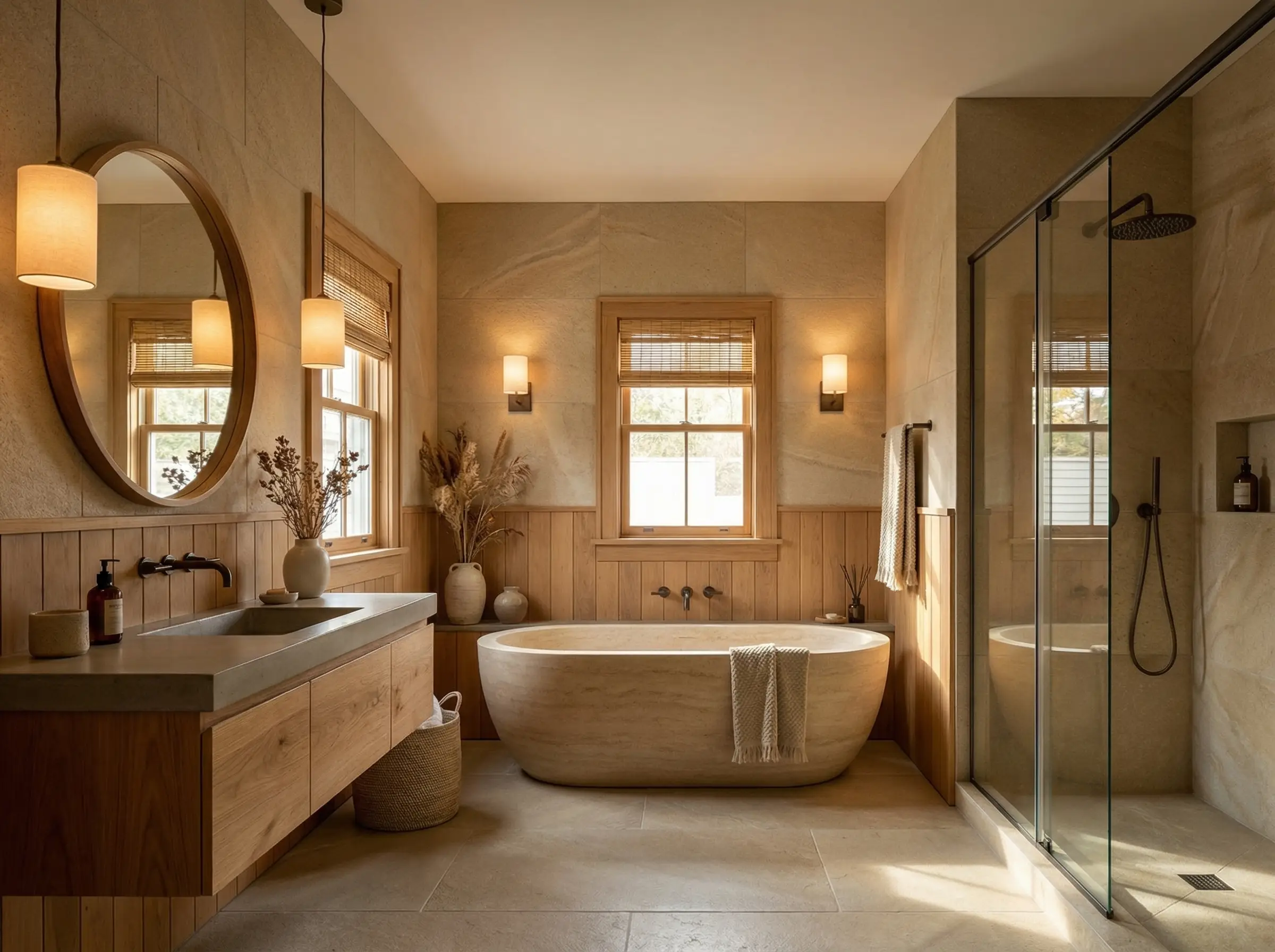 Light marble and neutral finishes in a bathroom