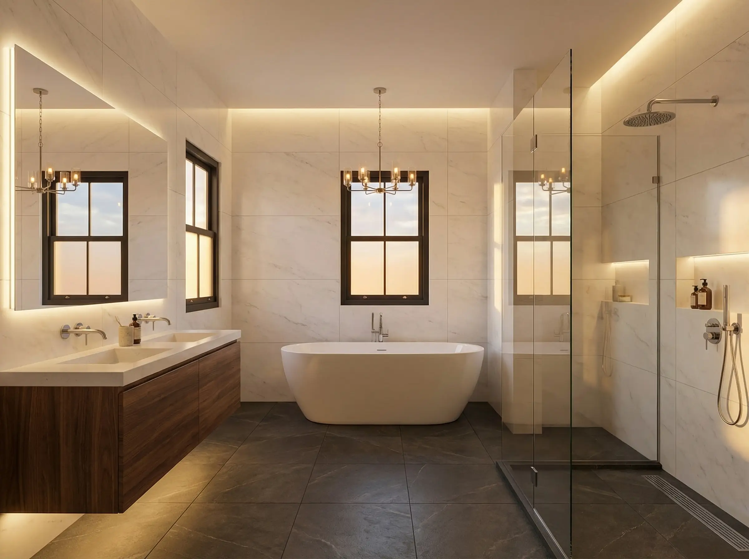 Small bathroom with marble walls, floating vanity, and glass shower