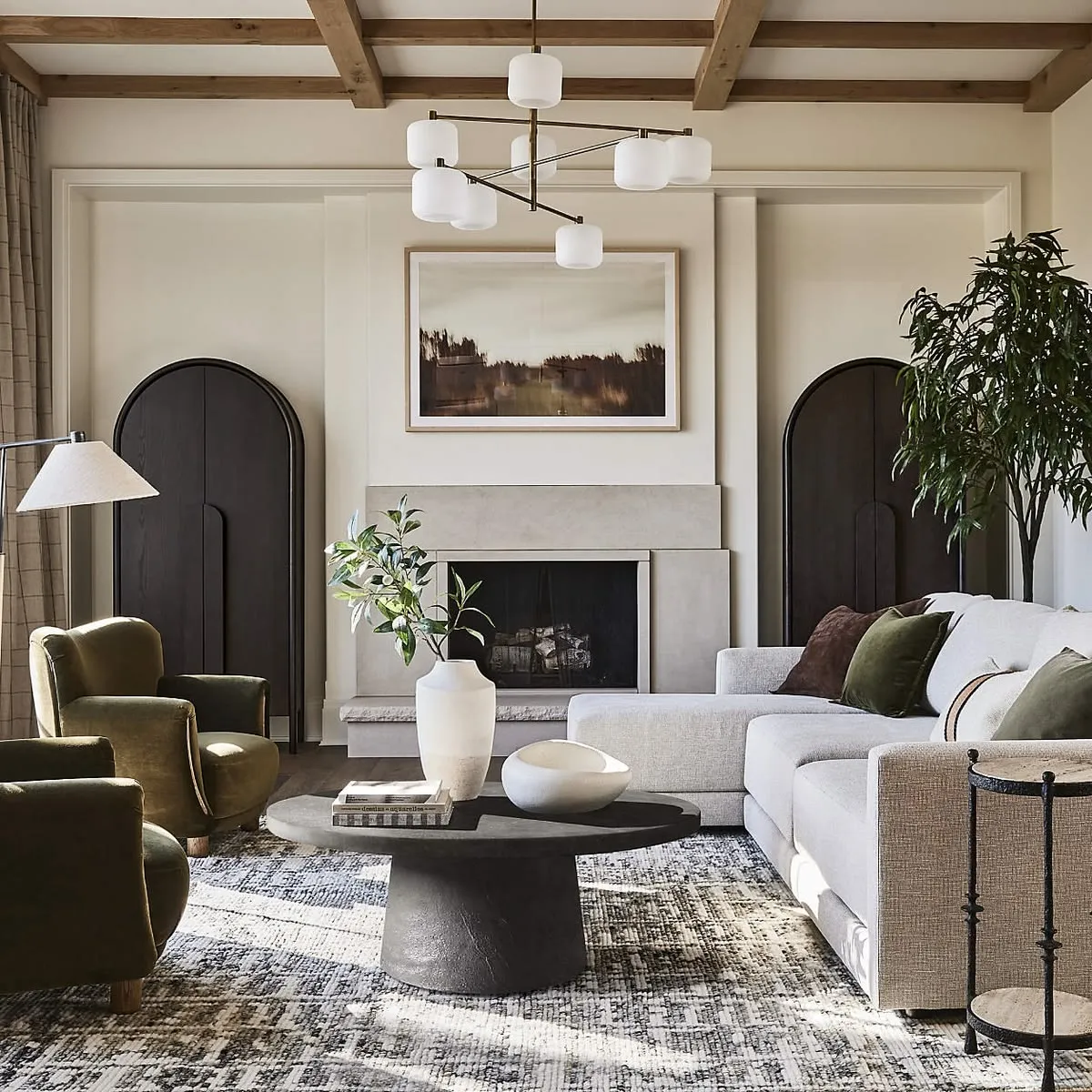 Elegant Neutral Living Room with Patterned Rug