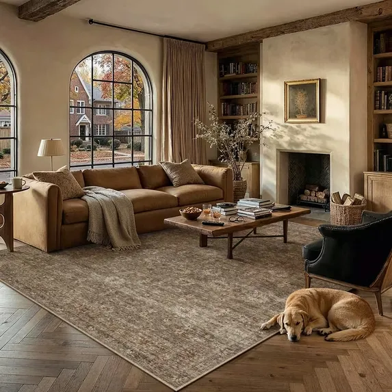 Traditional Living Room with Dark Accents & Beamed Ceiling