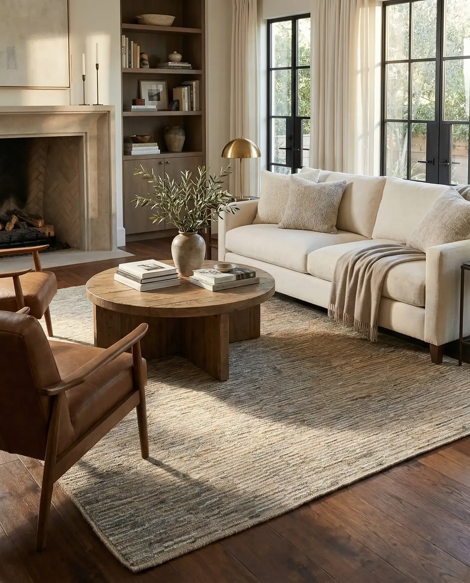 Cozy Rustic Traditional Living Room with Leather Sofa