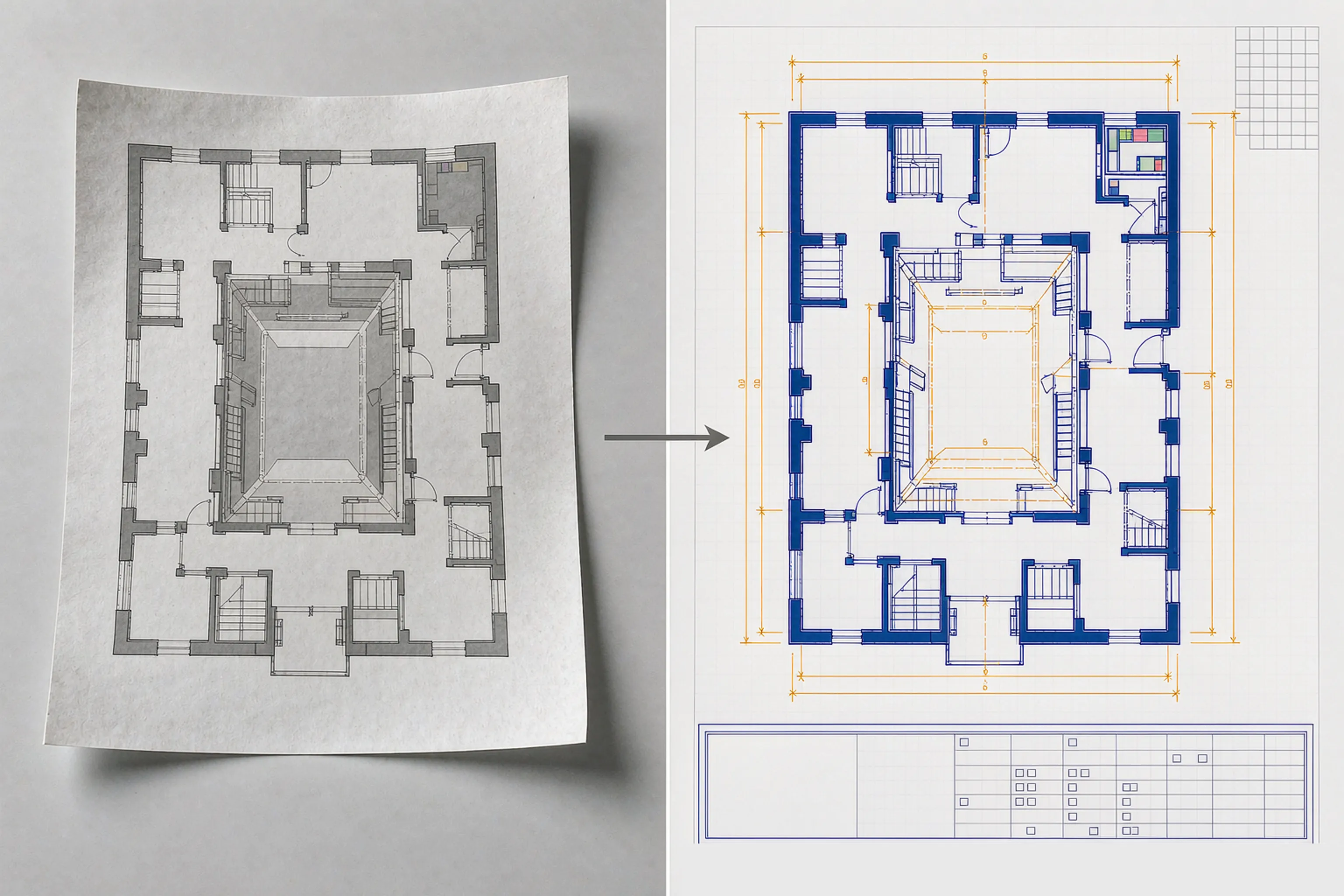 Floor plan photo converted into an editable DXF drawing