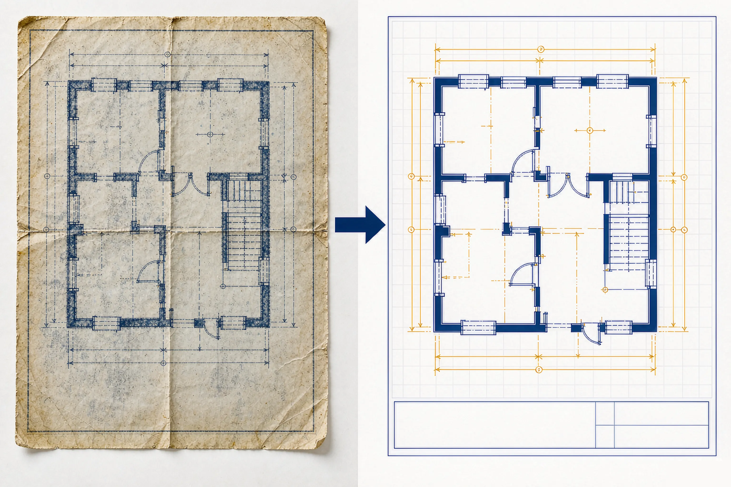 Scanned blueprint converted into a clean layered DXF file