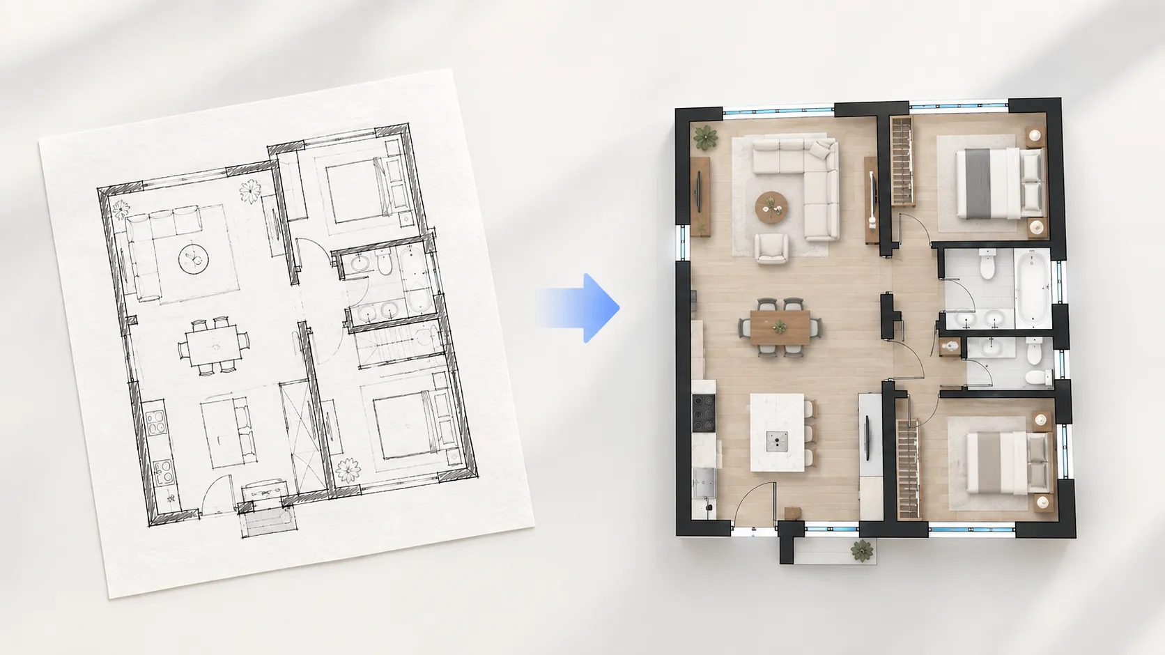 Comparaison entre un croquis et un plan généré par IA